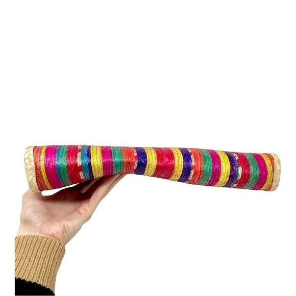 Rainbow Striped Structured Straw Top Handle Bag - Picture 4 of 8